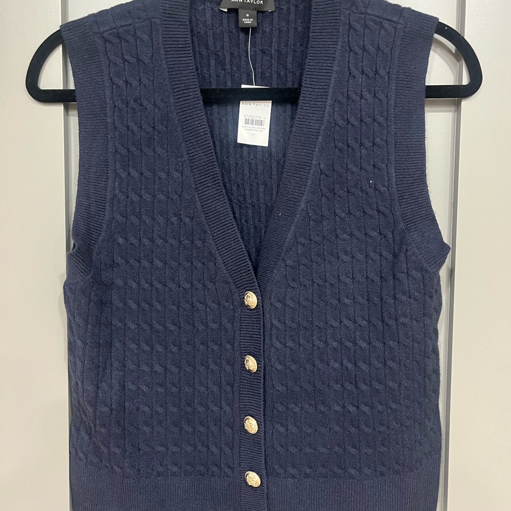 Ann Taylor Navy Cable Knit Cardigan Vest